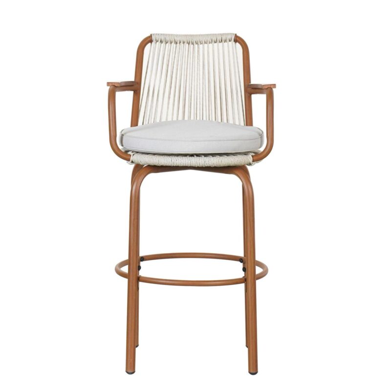 Lyric Modern 29  Outdoor Patio Bar Stools, Bar Chairs with Wood Grain Finish Frame with Hand-Woven PE Rattan Rope, Removable Cushions, Teak+Beige, Set of 2 - Image 8