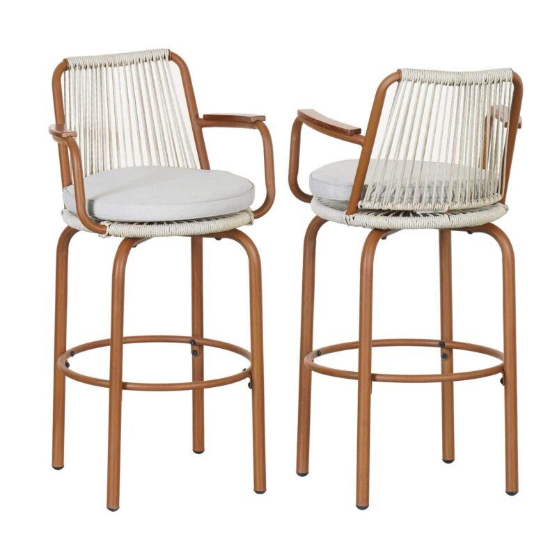 Lyric Modern 29  Outdoor Patio Bar Stools, Bar Chairs with Wood Grain Finish Frame with Hand-Woven PE Rattan Rope, Removable Cushions, Teak+Beige, Set of 2 - Image 2