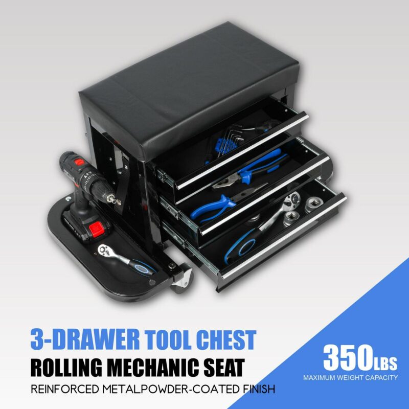 MAYEERTY 3-Drawer Rolling Tool Chest, Mechanic Seat with Tool Trays, 350lbs Max Weight Capacity, Black - Image 3