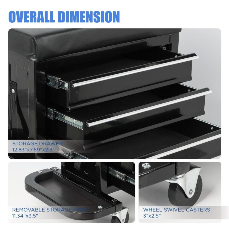 MAYEERTY 3-Drawer Rolling Tool Chest, Mechanic Seat with Tool Trays, 350lbs Max Weight Capacity, Black - Image 5