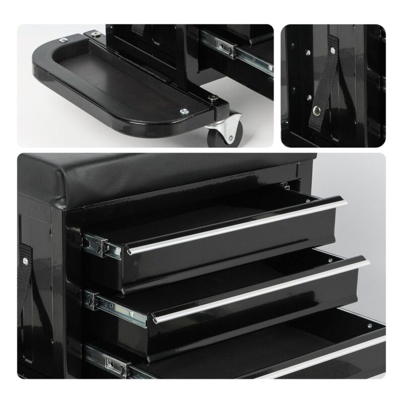 MAYEERTY 3-Drawer Rolling Tool Chest, Mechanic Seat with Tool Trays, 350lbs Max Weight Capacity, Black - Image 6