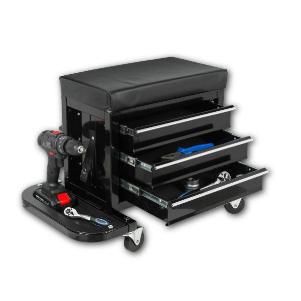 MAYEERTY 3-Drawer Rolling Tool Chest, Mechanic Seat with Tool Trays, 350lbs Max Weight Capacity, Black