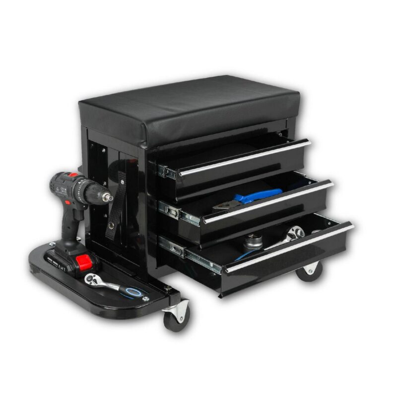 MAYEERTY 3-Drawer Rolling Tool Chest, Mechanic Seat with Tool Trays, 350lbs Max Weight Capacity, Black