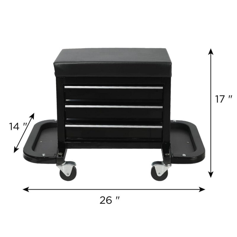 MAYEERTY 3-Drawer Rolling Tool Chest, Mechanic Seat with Tool Trays, 350lbs Max Weight Capacity, Black - Image 7