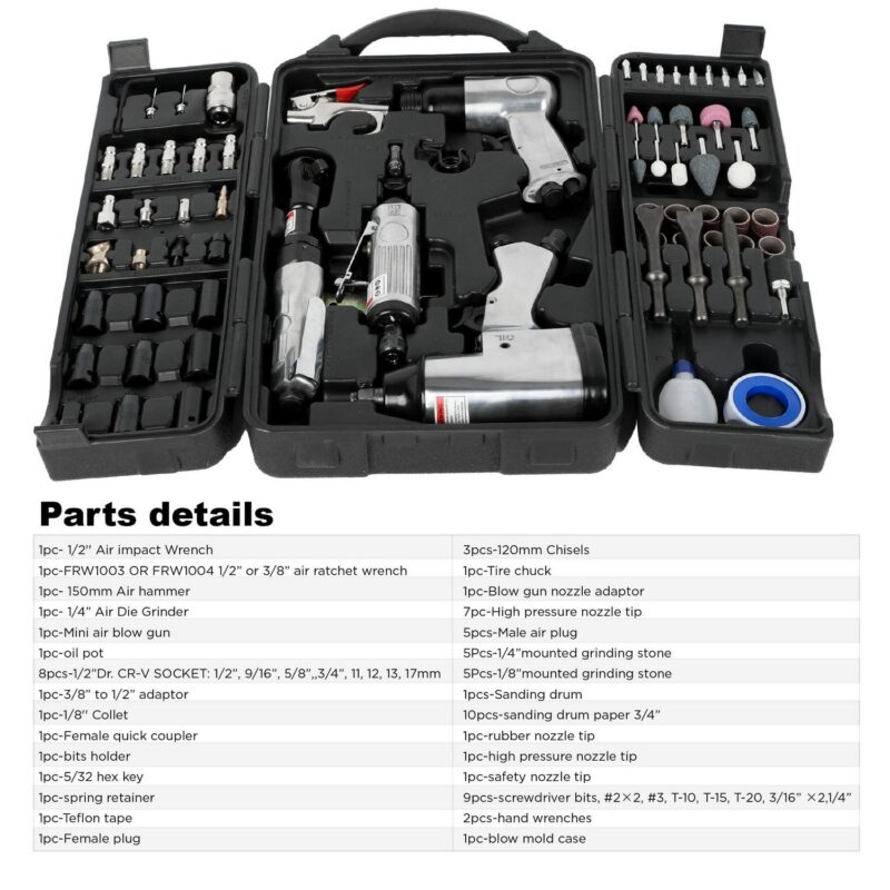 MAYEERTY 71 Piece Air Tool and Accessories Kit, Impact Wrench, Air Ratchet, Die Grinder, Aire Hammer, Hose Fittings, Storage Case - Image 7