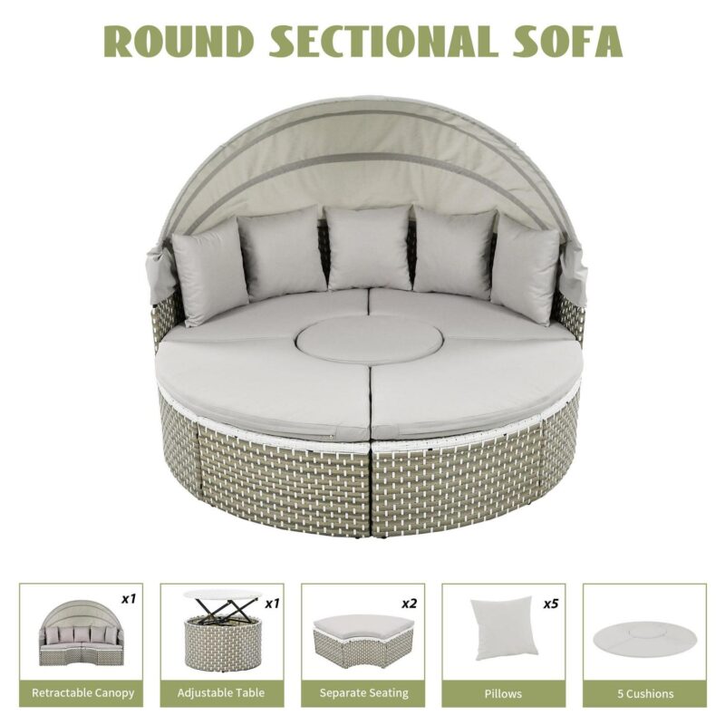 MAYEERTY Luxury Outdoor Round Sectional Sofa Set a Rattan Daybed with Retractable Canopy, Adjustable Table and Removable Cushions - Image 6