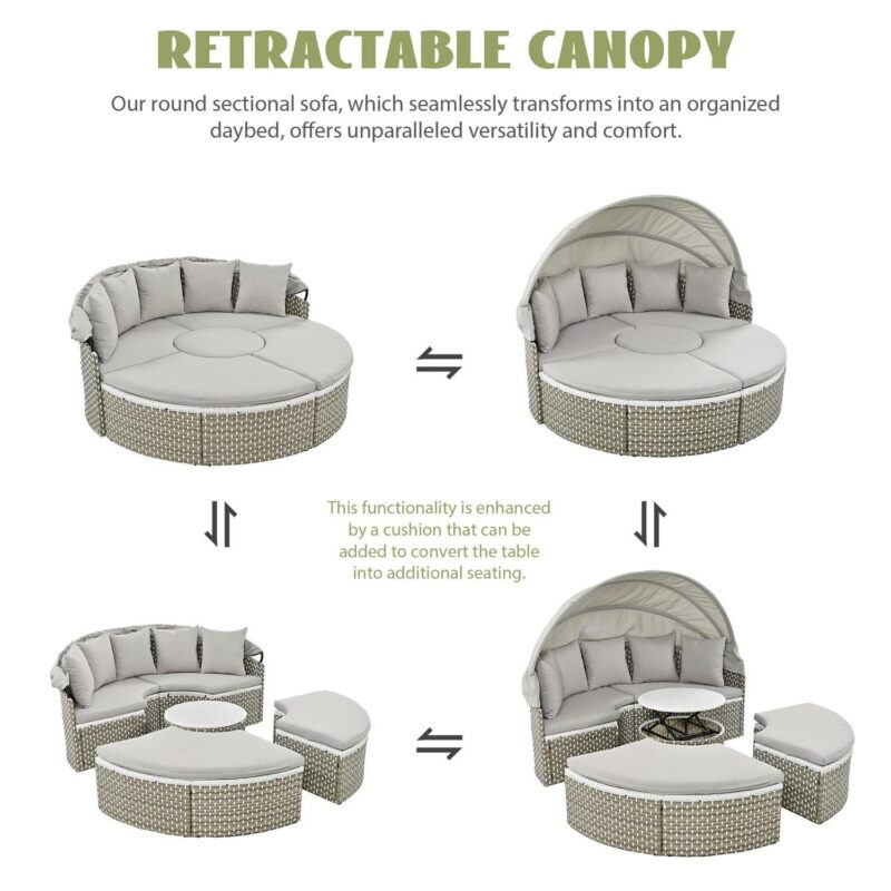 MAYEERTY Luxury Outdoor Round Sectional Sofa Set a Rattan Daybed with Retractable Canopy, Adjustable Table and Removable Cushions - Image 9