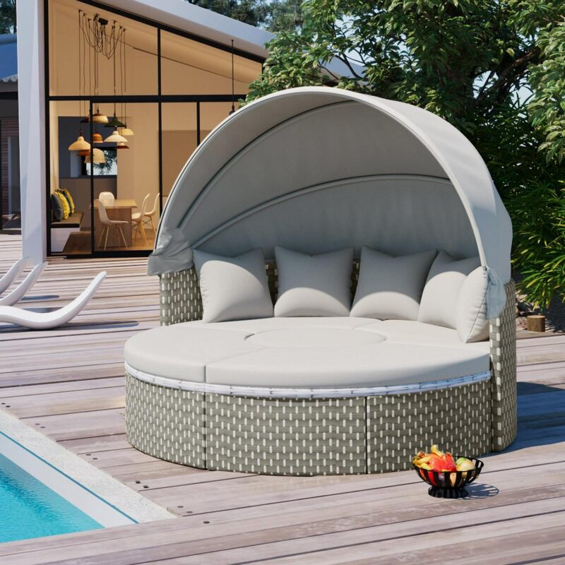 MAYEERTY Luxury Outdoor Round Sectional Sofa Set a Rattan Daybed with Retractable Canopy, Adjustable Table and Removable Cushions - Image 2