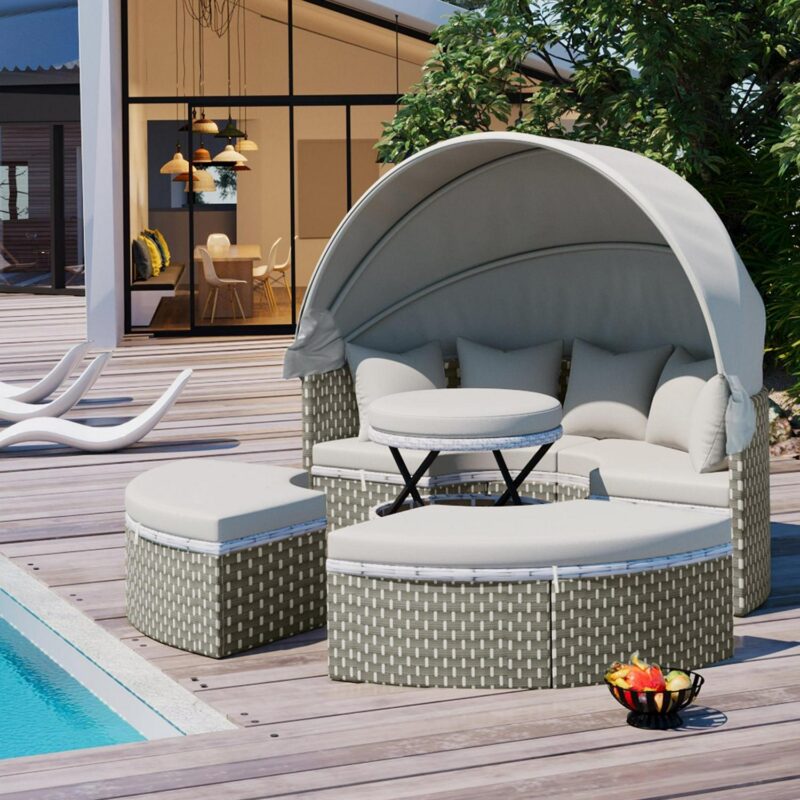 MAYEERTY Luxury Outdoor Round Sectional Sofa Set a Rattan Daybed with Retractable Canopy, Adjustable Table and Removable Cushions