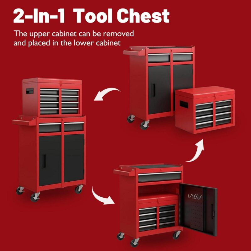 MAYEERTY Metal Tool Chest, 5-Drawer Rolling Tool Storage Cabinet with Detachable Top Tool Box, Universal Lockable Wheels, Adjustable Shelf, for Garage Workshop - Image 6