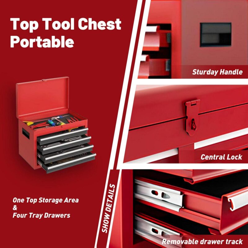 MAYEERTY Metal Tool Chest, 5-Drawer Rolling Tool Storage Cabinet with Detachable Top Tool Box, Universal Lockable Wheels, Adjustable Shelf, for Garage Workshop - Image 4