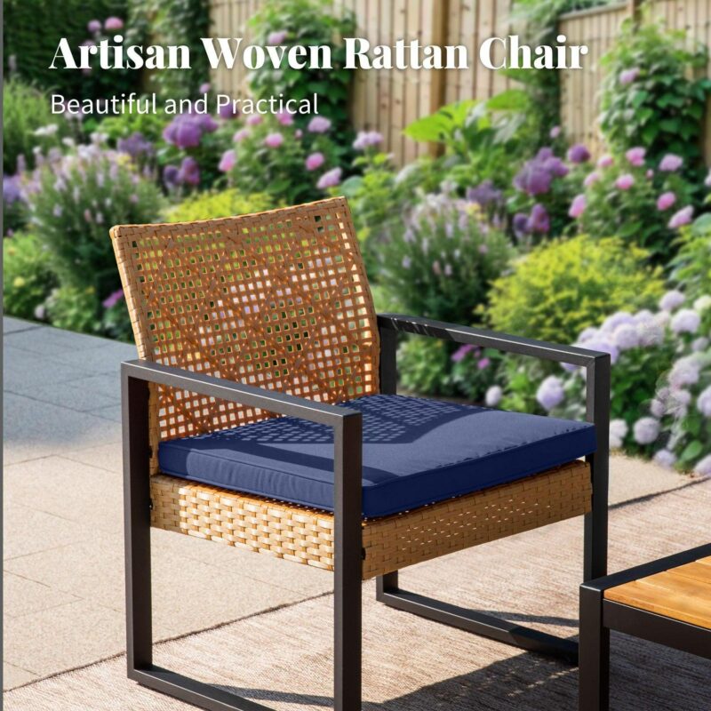 MF Studio 4-Piece All-Weather Rattan Patio Furniture Set, Outdoor Conversation Set with Wood Table, Yellow and Navy Blue - Image 4