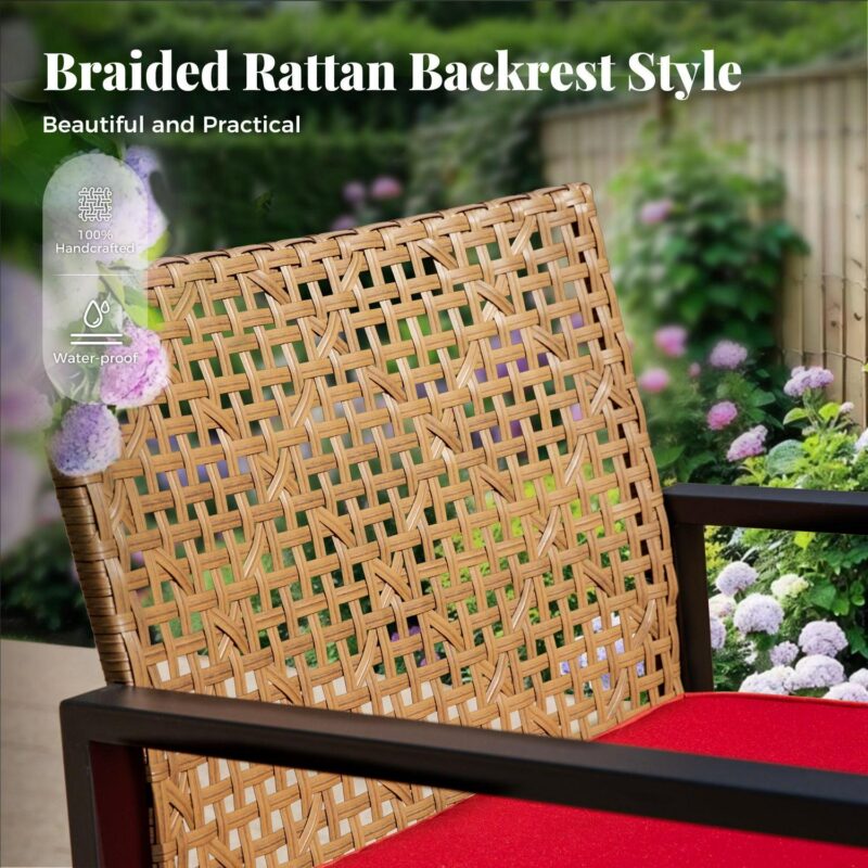 MF Studio 4-Piece All-Weather Rattan Patio Furniture Set, Outdoor Conversation Set with Wood Table, Brown and Red - Image 5