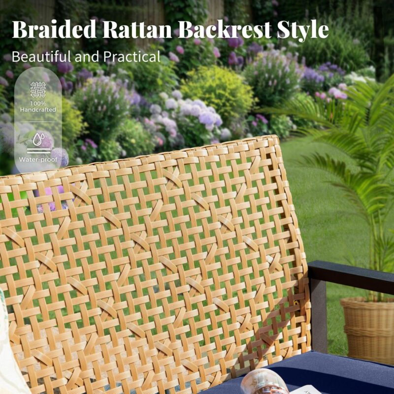 MF Studio 4-Piece All-Weather Rattan Patio Furniture Set, Outdoor Conversation Set with Wood Table, Yellow and Navy Blue - Image 3