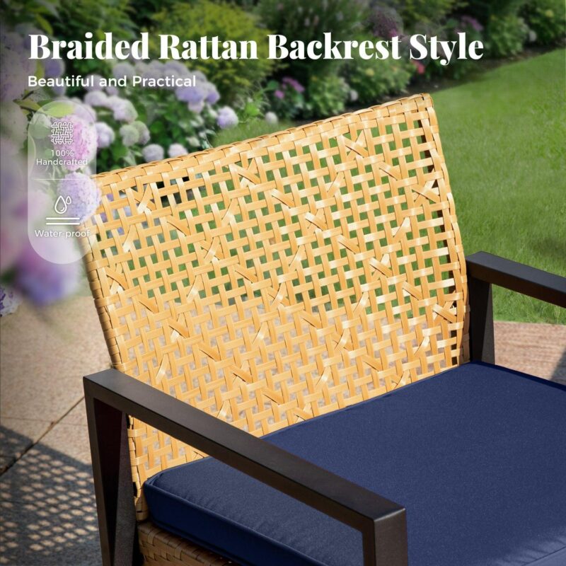 MF Studio 4-Piece All-Weather Rattan Patio Furniture Set, Outdoor Conversation Set with Wood Table, Yellow and Navy Blue - Image 5