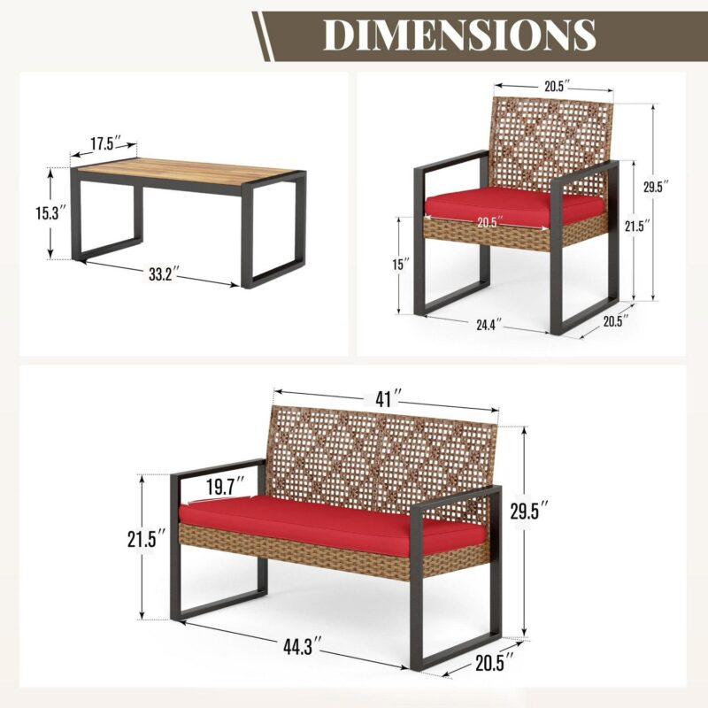 MF Studio 4-Piece All-Weather Rattan Patio Furniture Set, Outdoor Conversation Set with Wood Table, Brown and Red - Image 10