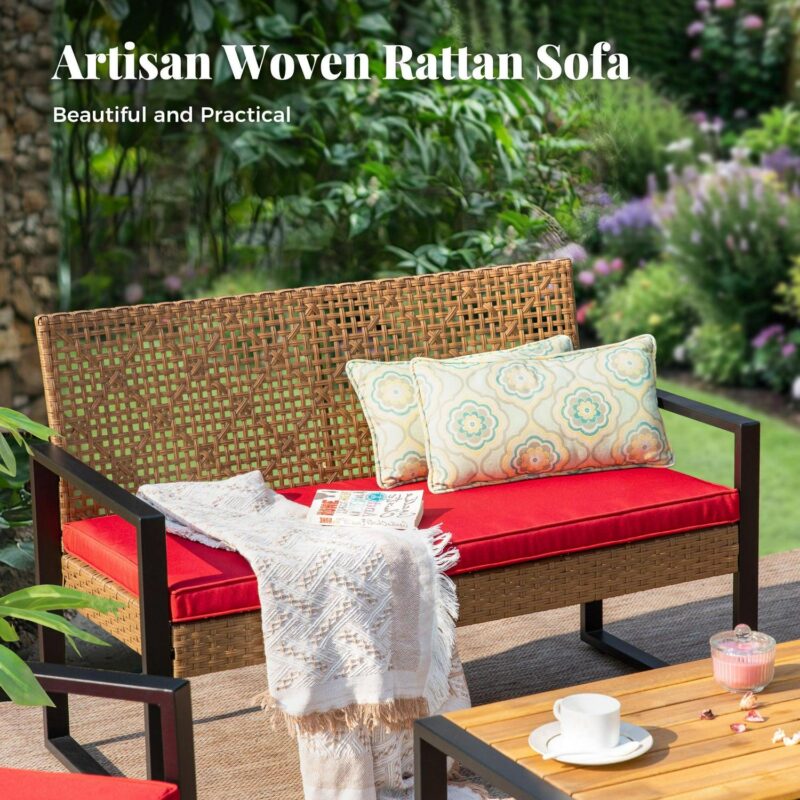 MF Studio 4-Piece All-Weather Rattan Patio Furniture Set, Outdoor Conversation Set with Wood Table, Brown and Red - Image 2