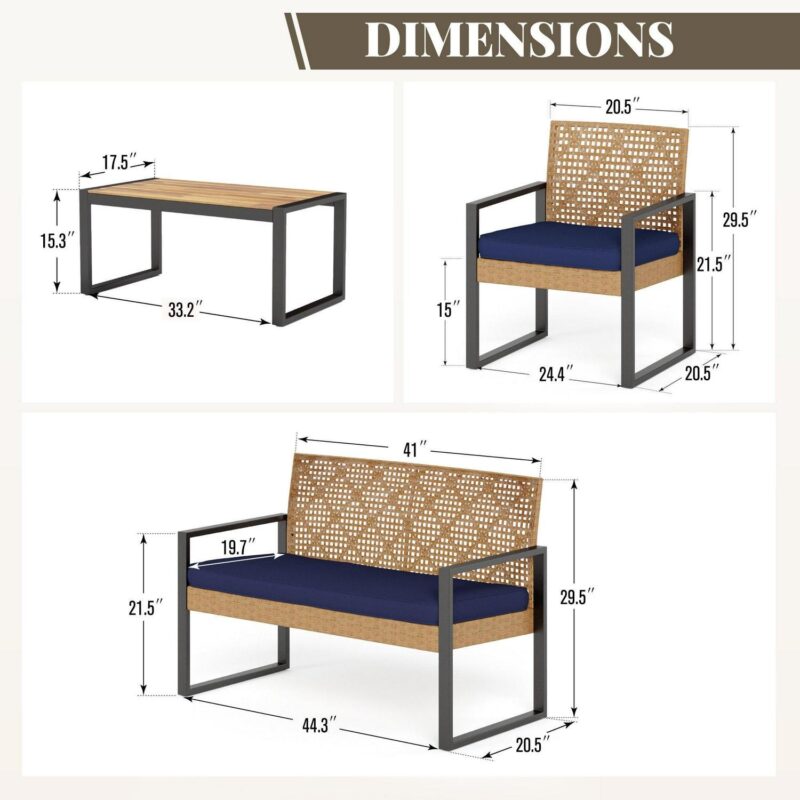 MF Studio 4-Piece All-Weather Rattan Patio Furniture Set, Outdoor Conversation Set with Wood Table, Yellow and Navy Blue - Image 10