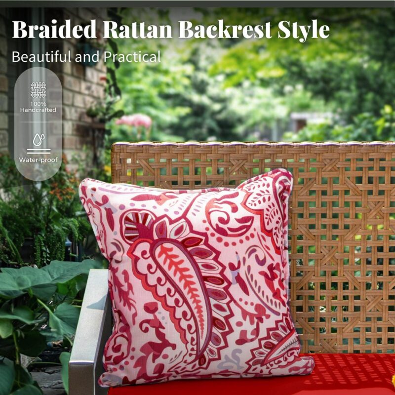 MF Studio 4-Piece All-Weather Rattan Patio Furniture Set, Outdoor Conversation Set with Wood Table, Brown and Red - Image 3