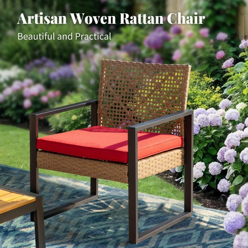 MF Studio 4-Piece All-Weather Rattan Patio Furniture Set, Outdoor Conversation Set with Wood Table, Brown and Red - Image 4