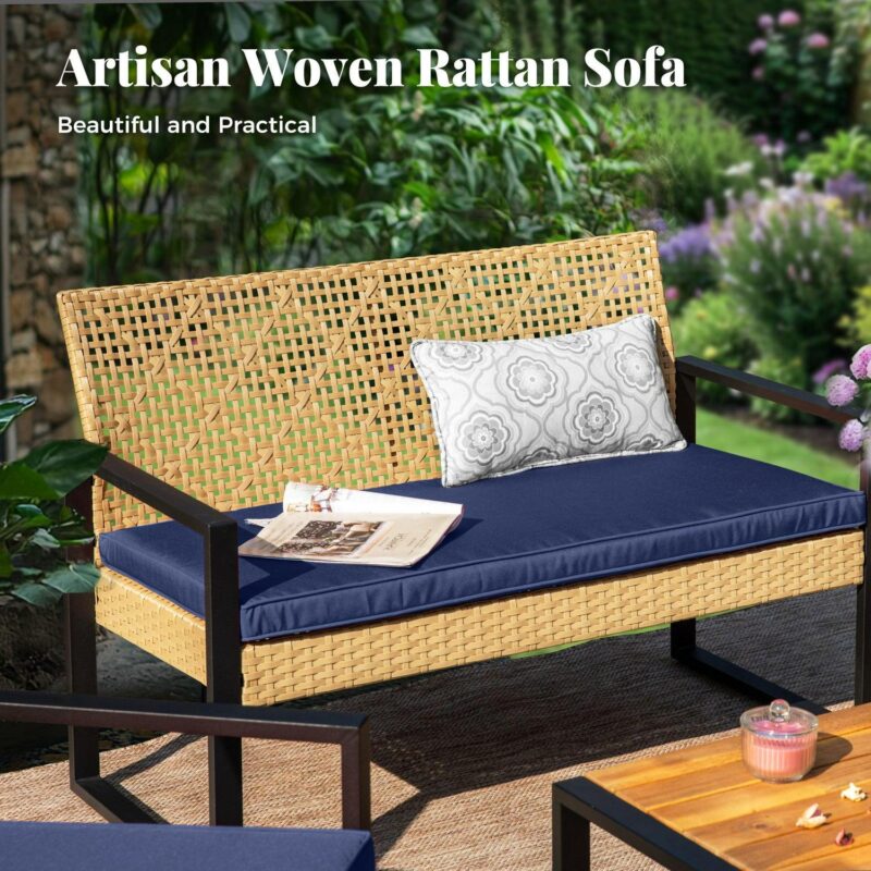 MF Studio 4-Piece All-Weather Rattan Patio Furniture Set, Outdoor Conversation Set with Wood Table, Yellow and Navy Blue - Image 2