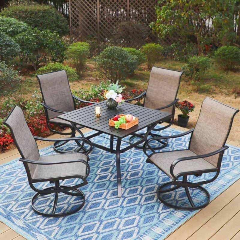 MF Studio 5 Pieces Outdoor Patio Dining Set Metal Furniture Set with Square Table and Swivel Padded Chairs for 4 person, Gray