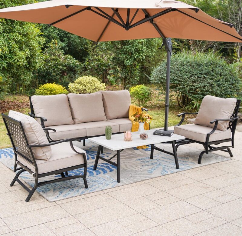 MF Studio 5-Seat Patio Conversation Set Metal Outdoor Furniture Sofa Set for 5 Person Beige
