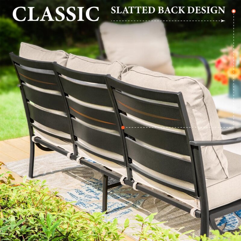 MF Studio 5-Seater Patio Conversation Set Metal Outdoor Furniture with Swivel Chair Sofa Beige - Image 6