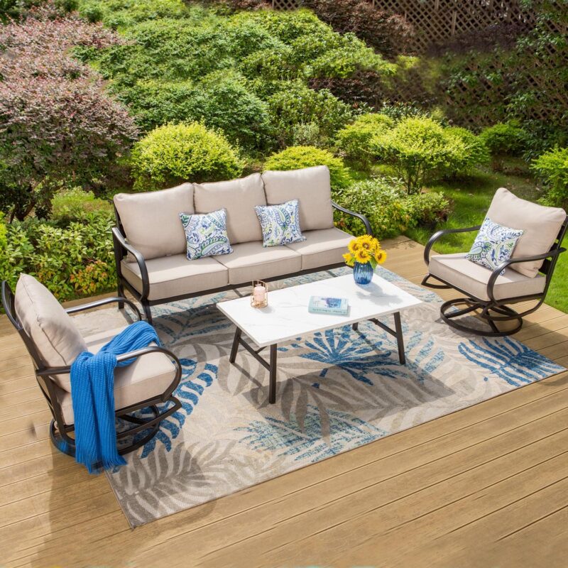 MF Studio 5-Seater Patio Conversation Set Metal Outdoor Furniture with Swivel Chair Sofa Beige - Image 10