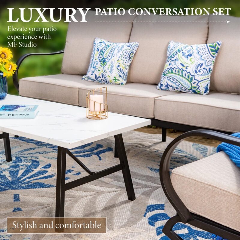 MF Studio 5-Seater Patio Conversation Set Metal Outdoor Furniture with Swivel Chair Sofa Beige - Image 7