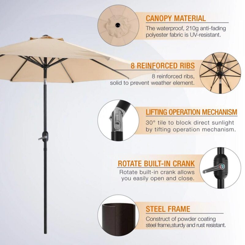 MF Studio 6-Piece Outdoor Patio Dining Set with 9 ft Umbrella, Stacking Chairs and Square Table, Black and Beige - Image 8