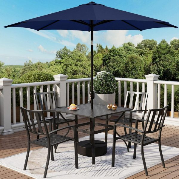 MF Studio 6-Piece Outdoor Patio Dining Set with 9 ft Umbrella, Stacking Chairs and Square Table, Black and Navy Blue