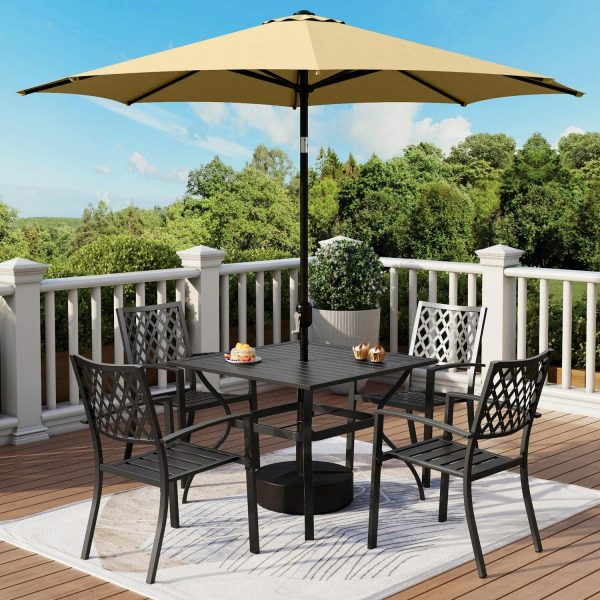 MF Studio 6-Piece Outdoor Patio Dining Set with 9 ft Umbrella, Stacking Chairs and Square Table, Black and Beige