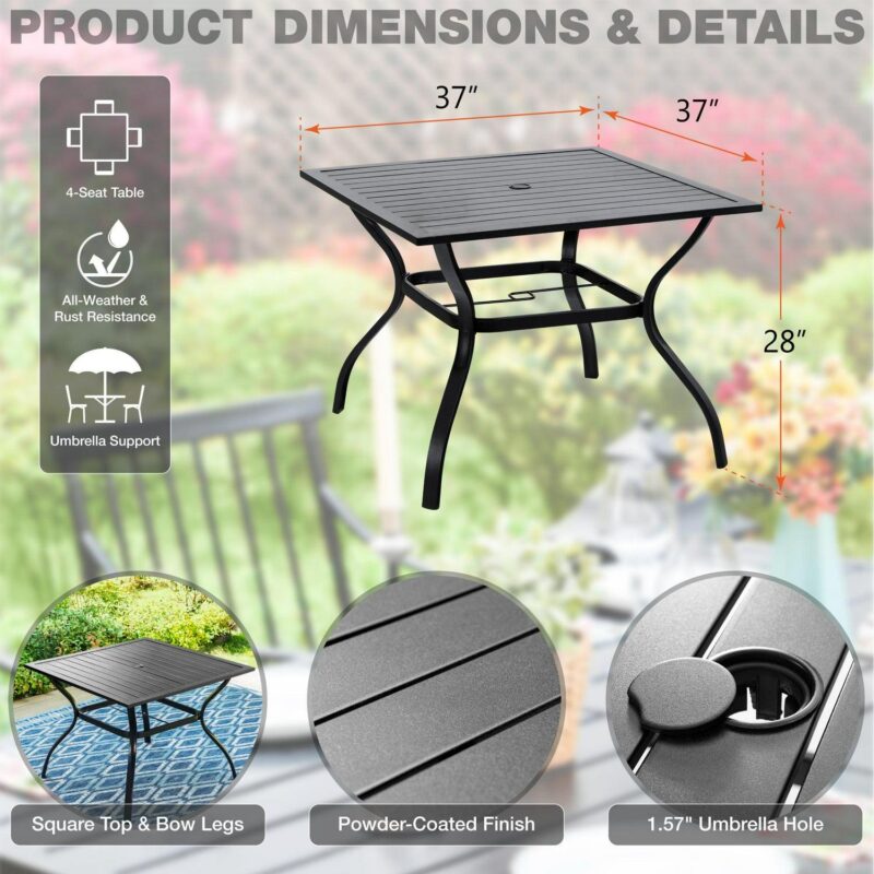 MF Studio 6-Piece Outdoor Patio Dining Set with 9 ft Umbrella, Stacking Chairs and Square Table, Black and Beige - Image 4