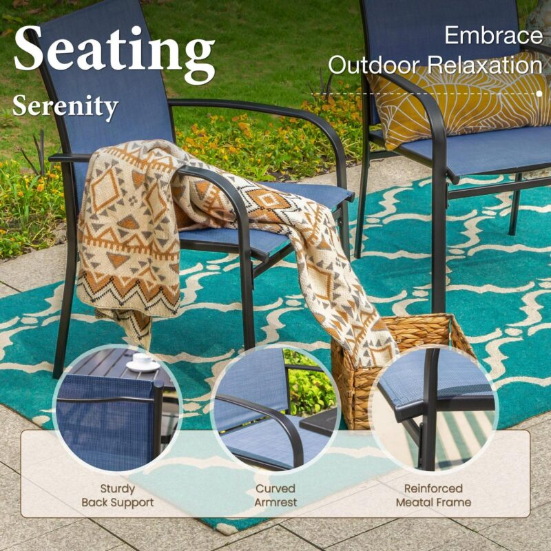 MF Studio 6-Piece Outdoor Patio Dining Set with 9 ft Umbrella, Metal Steel Square Table and 4 Textilene Chairs, Black and Blue - Image 4
