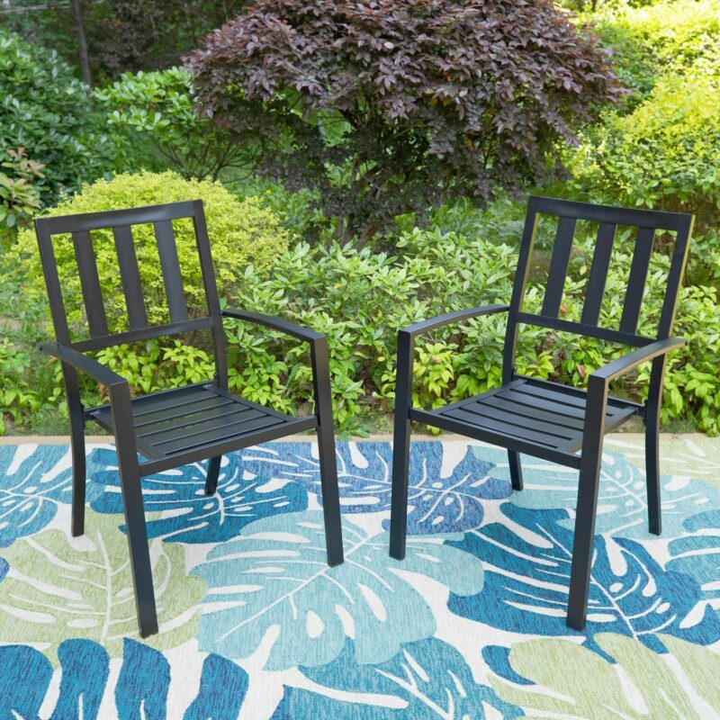 MF Studio 6-Piece Outdoor Patio Dining Set with 9 ft Umbrella, Stacking Chairs and Square Table, Black and Navy Blue - Image 5