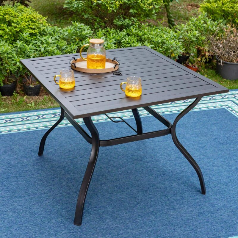 MF Studio 6-Piece Outdoor Patio Dining Set with 9 ft Umbrella, Stacking Chairs and Square Table, Black and Beige - Image 3