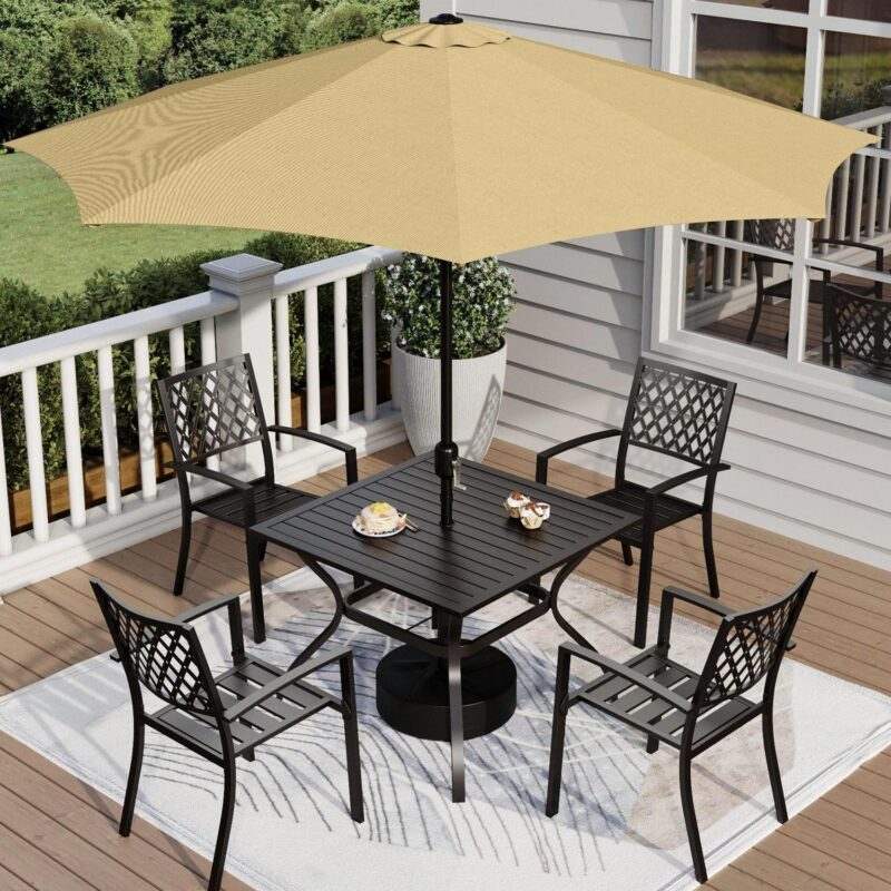 MF Studio 6-Piece Outdoor Patio Dining Set with 9 ft Umbrella, Stacking Chairs and Square Table, Black and Beige - Image 2