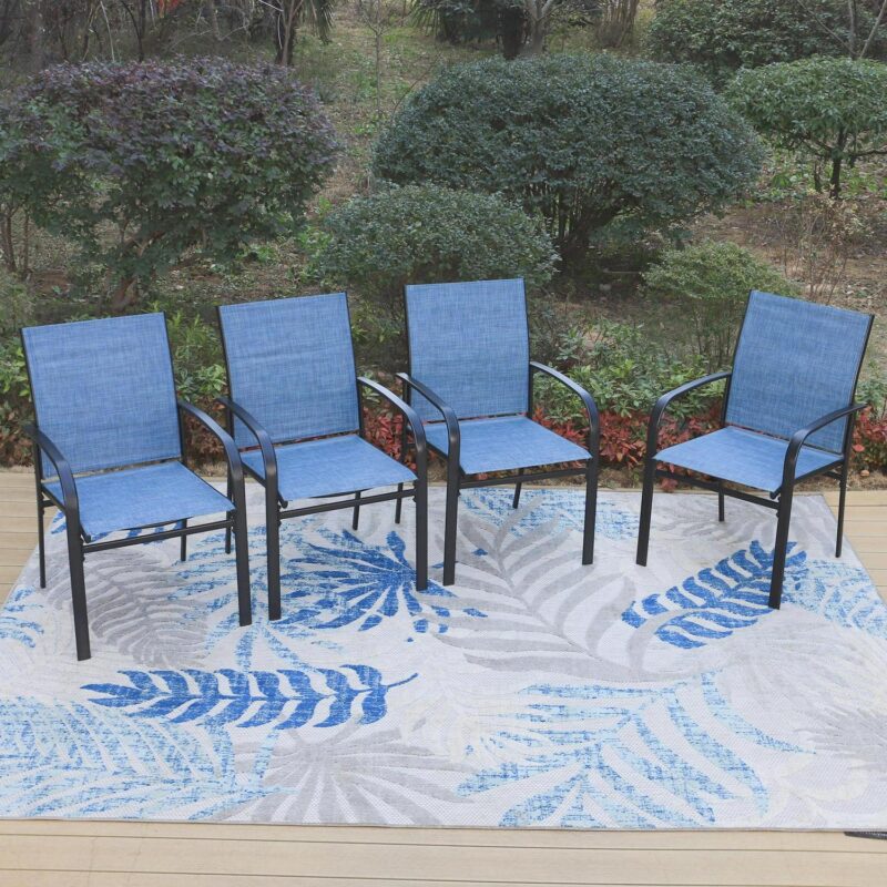 MF Studio 6-Piece Outdoor Patio Dining Set with 9 ft Umbrella, Metal Steel Square Table and 4 Textilene Chairs, Black and Blue - Image 2