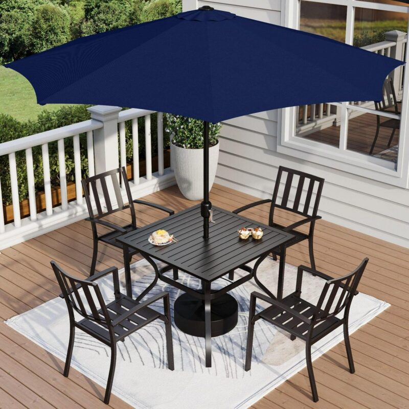 MF Studio 6-Piece Outdoor Patio Dining Set with 9 ft Umbrella, Stacking Chairs and Square Table, Black and Navy Blue - Image 2
