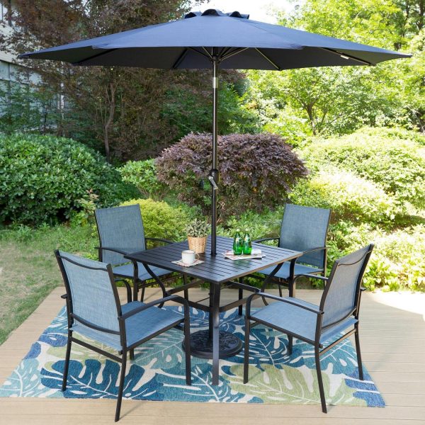 MF Studio 6-Piece Outdoor Patio Dining Set with 9 ft Umbrella, Metal Steel Square Table and 4 Textilene Chairs, Black and Blue