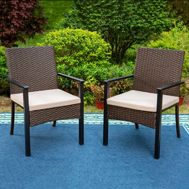 MF Studio 6-Piece Patio Furniture Set with Umbrella, Wicker Chairs and Square Table for Dinner, Party and Conversation, Brown and Beige - Image 3