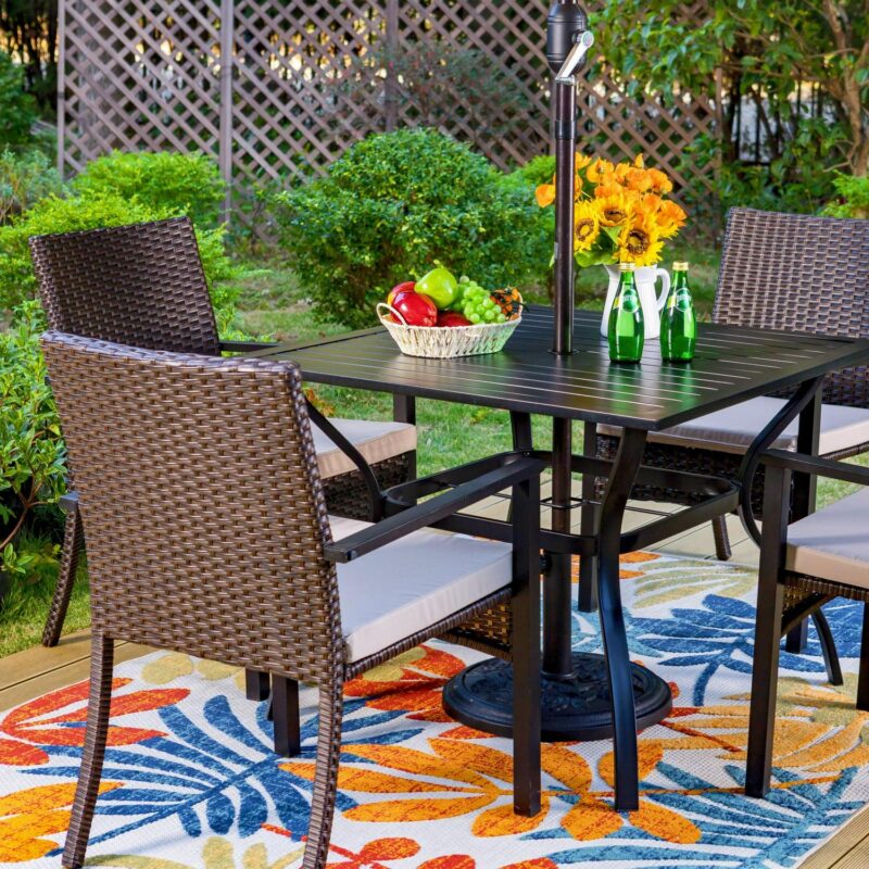 MF Studio 6-Piece Patio Furniture Set with Umbrella, Wicker Chairs and Square Table for Dinner, Party and Conversation, Brown and Beige - Image 2