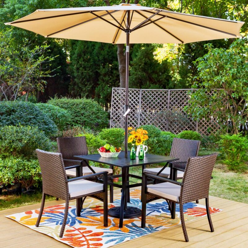 MF Studio 6-Piece Patio Furniture Set with Umbrella, Wicker Chairs and Square Table for Dinner, Party and Conversation, Brown and Beige