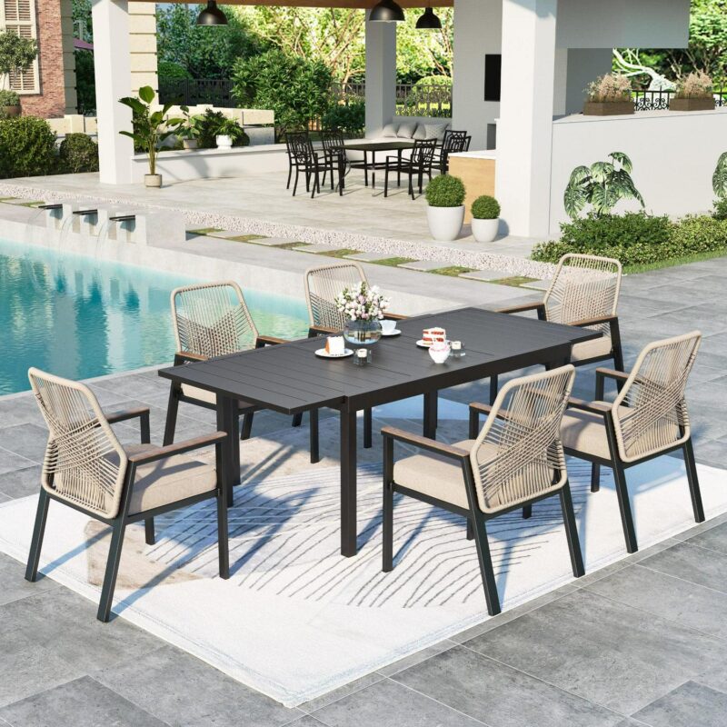 MF Studio 7-Piece Outdoor Dining Set with Cushioned Rattan Chairs and Large Extendable Table for 6-Person, Black and Beige