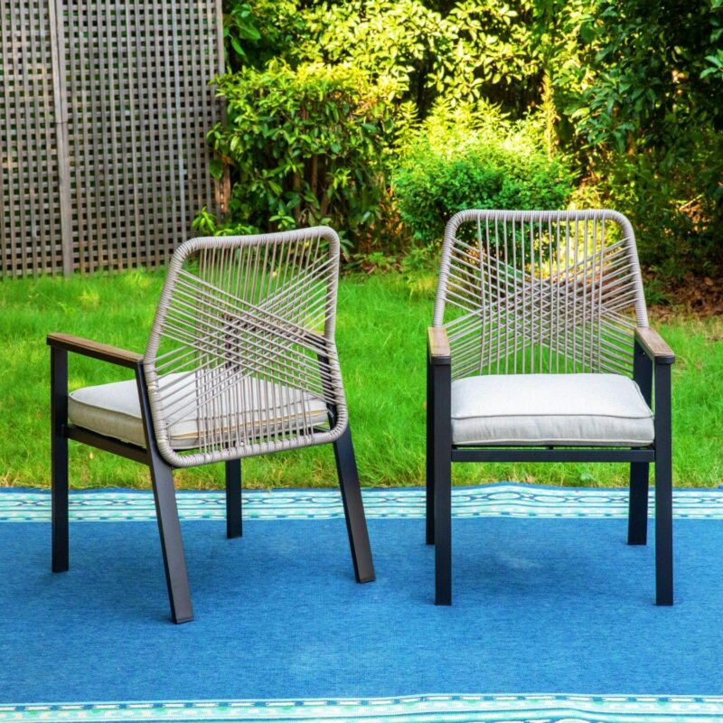 MF Studio 7-Piece Outdoor Dining Set with Cushioned Rattan Chairs and Large Extendable Table for 6-Person, Black and Beige - Image 7