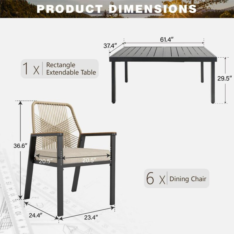 MF Studio 7-Piece Outdoor Dining Set with Cushioned Rattan Chairs and Large Extendable Table for 6-Person, Black and Beige - Image 14
