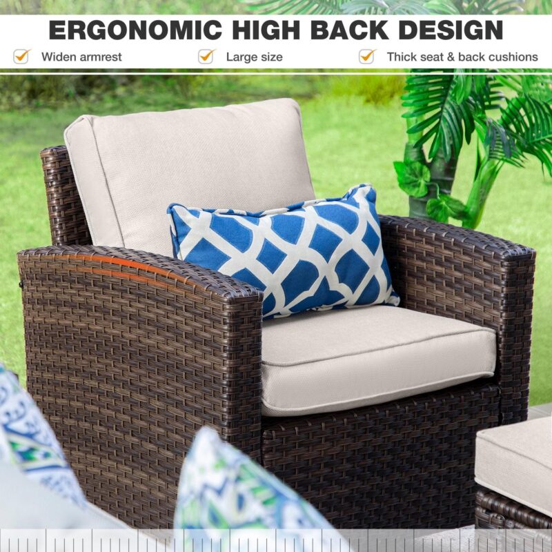 MF Studio 7-Seat Outdoor Patio Conversation Set Wicker Furniture Sofa Set Beige - Image 6