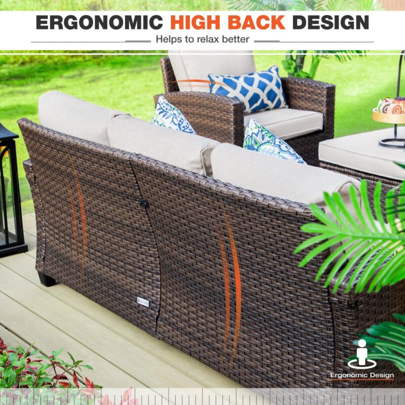 MF Studio 7-Seat Outdoor Patio Conversation Set Wicker Furniture Sofa Set Beige - Image 4