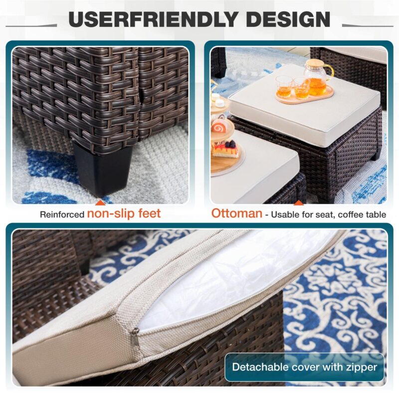 MF Studio 7-Seat Outdoor Patio Conversation Set Wicker Furniture Sofa Set Beige - Image 7